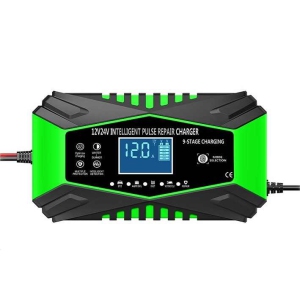 All-in-one automatic sensing 12V battery charger - intelligent pulse maintenance with LCD voltage/temperature display, suitable for motorcycle/car on-board battery charger (green)
