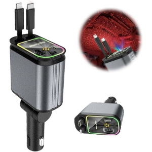 Starry Night 4-in-1 Car Charger – Retractable Data Cable (iPhone+Type-C) + Fast Charging + LED Ambient Light + Voltage Display | Universal 12V/24V
