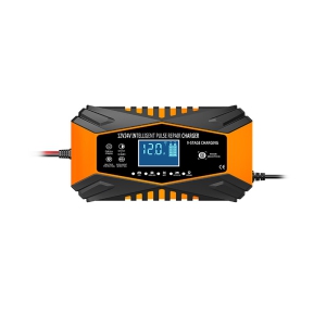 All-in-one automatic sensing 12V battery charger - intelligent pulse maintenance with LCD voltage/temperature display, suitable for motorcycle/car on-board battery charger (orange)