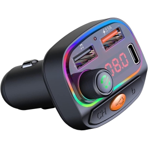 Bluetooth 5.3 FM 15W Fast Charger – LED Mood Light, Voice Navigation, USB Playback, Fast Charging for Cars