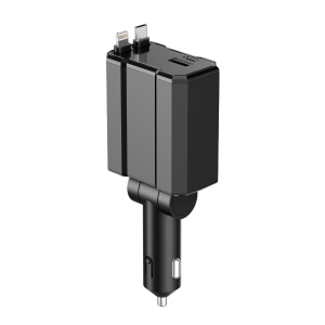 Universal car charger – 5V/3.1A output, super fast charging, 4-in-1 with cable, compatible with 12V/24V, retractable car charger【Apple+TYPE-C】