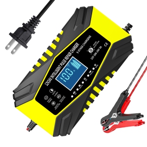 All-in-one automatic sensing 12V battery charger - intelligent pulse maintenance with LCD voltage/temperature display, suitable for motorcycle/car on-board battery charger (yellow)