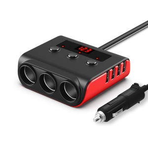 Smart 4-port USB and 3-outlet 120W car charger with LED display, overload protection and independent switch