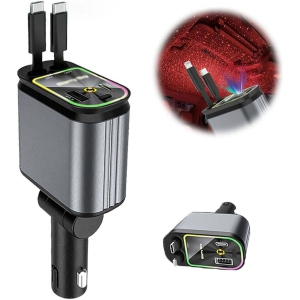 Starry Night 4-in-1 Car Charger – Retractable Data Cable (Dual Type-C) + Fast Charging + LED Ambient Light + Voltage Display | Universal 12V/24V
