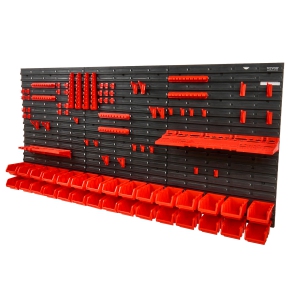 VEVOR Wall Mounted Storage Bins, 30-Bin Parts Rack Organizer Garage Plastic Shop Tool with Wall Panels/Tool Holders/Hooks, Tool Organizer for Nuts, Bolts, Screws, Black and Red