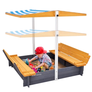 VEVOR 57.3 x 47.2 x 47.2 in Wooden Sandbox with Canopy, Sand Box, Sand Pit with Foldable Bench Seats and Bottom Liner, Natural Wood Kids Sandbox for Outdoor Gift for Ages 3-12