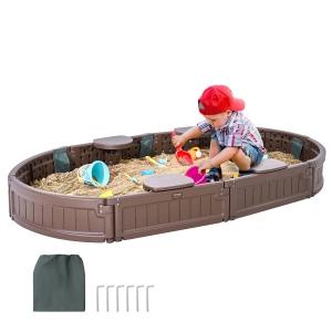 VEVOR 72 x 41.5 x 9.1 in Sandbox with Cover, Oval Sand Box, HDPE Sand Pit with 4 Corner Seating and Bottom Liner, Kids Sandbox for Outdoor Backyard, Beach, Park, Ages 3-12, Brown