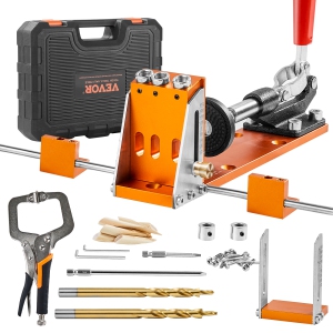 VEVOR 34 Pcs Pocket Hole Jig Kit, Pocket Hole Jig System with 11" C-clamp, Fixture, Step Drills, Wrenches, Drill Stop Rings, Square Drive Bits, Toolbox, Adjustable, for DIY