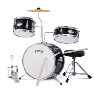 VEVOR 3-Piece Kids Drum Set, 14 in Beginner Drum Set with Adjustable Throne Cymbal Pedal Two Pairs of Drumsticks, 8'' Tom Drum 10'' Snare Drum 14'' Bass Drum, for Child Kids, Black