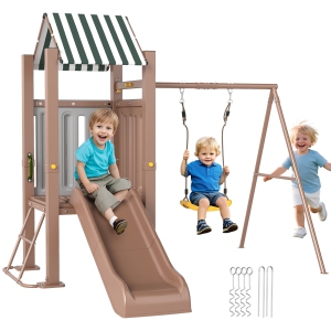 Qaba 4-in-1 Kids Swing Set with Slide, Heavy-Duty Metal Swing Set with Covered Fort, Climbing Ladder, Ground Stakes, Outdoor Play Structure for Playground, for Kids Ages 3-8, Brown
