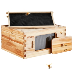 VEVOR 100% Bee Hive Deep Box Starter Kit, Beeswax Coated Natural Cedar Wood, Langstroth Beehive Kit with 10 Frames and Foundations, Transparent Acrylic Bee Windows for Beginners