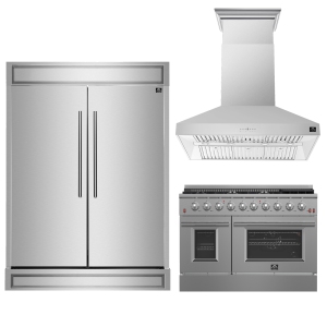FORNO Premium 3-Piece Kitchen Bundle – Galiano 48" Gas Range, Maderno 60" Convertible Refrigerator/Freezer (27.2 cu.ft.), Orvieto 48" Wall Mount Range Hood.