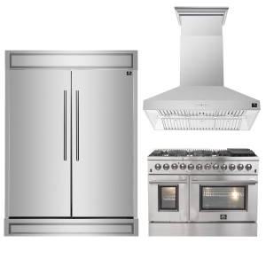 FORNO Premium 3-Piece Kitchen Bundle – Galiano 48" Dual Fuel Range, Maderno 60" Convertible Refrigerator/Freezer (27.2 cu.ft.), Orvieto 48" Wall Mount Range Hood.