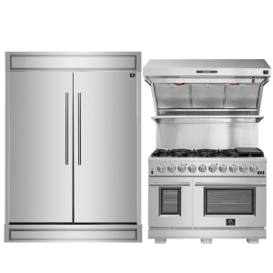 FORNO Premium 3-Piece Kitchen Bundle – Capriasca 48" Gas Range, Maderno 60" Convertible Refrigerator/Freezer (27.2 cu.ft.), Orvieto 48" Wall Mount Range Hood.