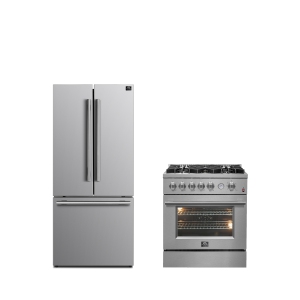 FORNO Premium 2-Piece Kitchen Bundle -Giovanni 30-inch Gas Range Stainless Steel, Gallipoli 30" French Door Refrigerator with Bottom Freezer 17.5 cu. ft Capacity