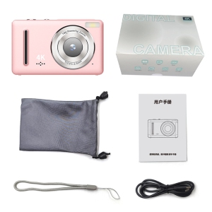 FC002 4K Photography Digital Camera, 100x Zoom Vlogging Camera with 2.4" HD Display, Compact Travel Camera - Pink + 64G Camera Card