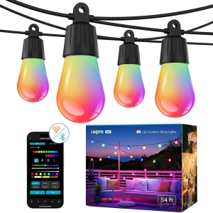 Lepro ZB1 AI Smart String Lights APP Control, 54ft RGB+IC+Warm White Patio Lights 15 LED Bulbs, Alexa Google Enabled Outdoor Lights