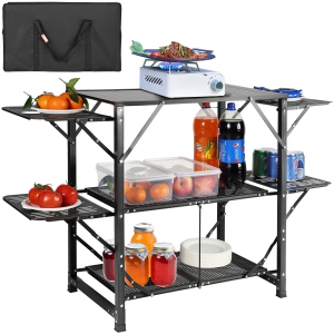 VEVOR One-piece Camping Kitchen Table, Folding Portable Cook Station with A Carrying Bag, Aluminum Camping Table 4 Iron Side Tables & 2 Shelves, Ideal for Outdoor Picnics, BBQs