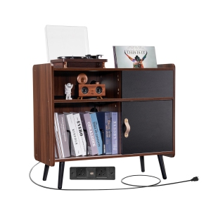 VEVOR 350 Albums Record Player Stand with Power Outlet, Turntable Stand, Record Player Table with Vintage Vinyl Record Storage for Living Room, Bedroom, Brown