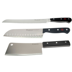 Wusthof Classic 9" Bread Knife + 6" Cleaver Knive + Gourmet 7" Santoku Knife