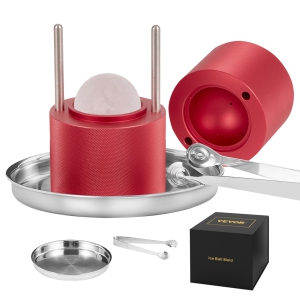 VEVOR 2.4" Ice Ball Press, Ice Ball Maker, Aircraft Al Alloy Ice Ball Press Kit for 60mm Ice Sphere, Ice Press with Tong and Drip Tray, for Whiskey, Cocktail, Bourbon, Red