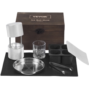 VEVOR Ice Ball Press Kit, Aircraft Al Alloy Ice Press with Ice Block Mold, Large Mat, Tong, Drip Tray, One Glass, Round Ice Ball Maker 2.4"/60 mm Ice Sphere, for Whiskey, Cocktail