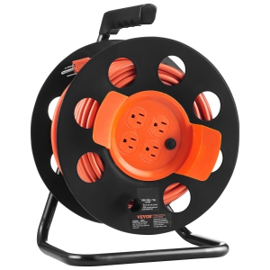 VEVOR 100FT Extension Cord Reel, with 4 Outlets and Dust Cover, Heavy Duty 14AWG SJTOW Power Cord, Manual Cord Reel with Portable Handle Circuit Breaker, Tested to UL Standards