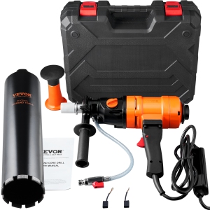 VEVOR 4in Handheld Wet Concrete Diamond Core Drill Rig, 1100-2400RPM Two Speed & 1-1/4" Thread & 2 Bubble Levels, 3-4in Drilling Diameter for Concrete Brick Block Stone, 1500W