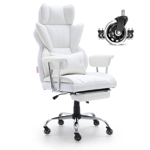 VEVOR Reclining Office Chair with Footrest,Heavy Duty PU Leather Wide Office Chair, Big and Tall Executive Office Chairs with Lumbar Support, Strong Metal Base Quiet Wheels, White