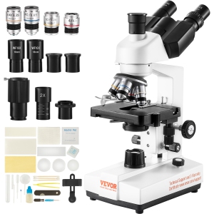 VEVOR 40X-5000X Compound Trinocular Microscope, Trinocular Compound Lab Microscope with Two-Layer Mechanical Stage, External Interface, LED Illumination and Microscope Slides