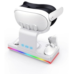 Fast Charging Dock for Oculus Meta Quest 3 to Charge Headset & Controllers Simultaneously, LED Indicators, RGB Lighting, Magnetic Base, Cooling Base VR Stand & Organizer