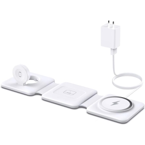 Charging Station for Apple Devices - 3 in 1 Foldable Magnetic Wireless Charger Stand for MagSafe iPhone 12/13/14/15/16, Apple Watch, and AirPods - Travel Charging Dock (White)