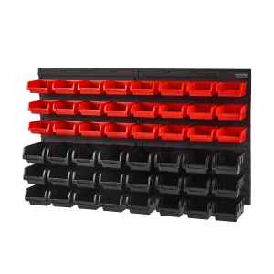 VEVOR 48-Bin Wall Mounted Storage Bins,Parts Rack Organizer Garage Plastic Shop Tool with Wall Panels,Tool Organizer for Nuts,Bolts,Screws, Nails, Other Small Parts, Black and Red