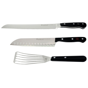 Wusthof Classic 9" Bread Knife + Slotted Spatula + 7" Hollow Edge Santoku Knife