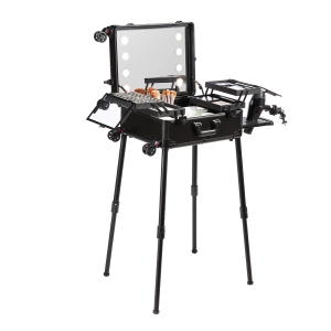 VEVOR 4 Trays Makeup Train Case with Lock, Lighted Mirror, Brush Holder, Travel Cosmetic Organizer Box w/ Swivel Wheels, Professional Artist Trolley Studio Free Standing Case