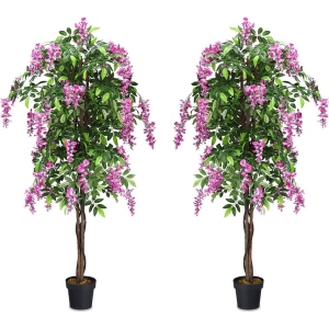 Costway 2 PCS 6 FT Artificial Wisteria Silk Tree Pink Flower Indoor-Patio Home