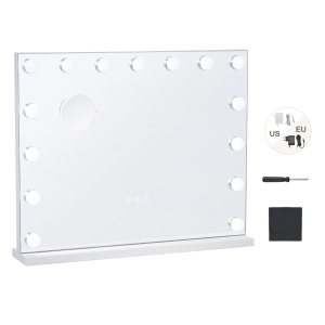 VEVOR 22.8x18.1 in Hollywood Vanity Mirror With Lights,15 Dimmable Bulbs &3 Color Lighting Modes, Makeup Mirror w/ Detachable 5X Magnification,USB Port,Smart Touch Control (White)