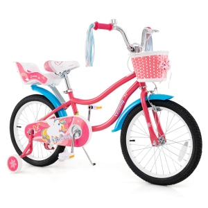 Costway 14 Inch Kids Bike with Basket Doll Seat & Colorful Streamers 2 Training Wheels