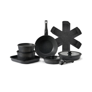 VEVOR 17 Piece Pots and Pans Set, Granite Nonstick Detachable Handle Cookware, Space Saving Induction Cookwares, Kitchen RV Cooking Sets with Tempered Glass Lid, Oven Safe, Black