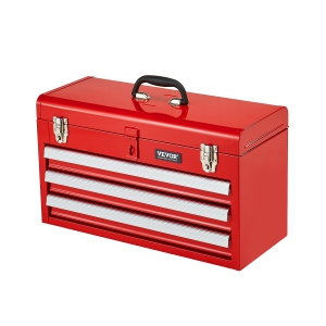 VEVOR 20.5-inch Portable Metal Tool Box with 3 Drawers,Small Tool Chest with EVA Liners,Ball Bearing Slide Drawers Locking & Powder Coated Finish,Multi-Function Tool Organizer,Red