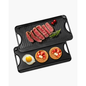 VEVOR 20x10 inch Reversible Grill/Griddle, Pre-Seasoned Cast Iron Griddle, Portable Rectangular Pan with Handle, Family Cookware for Stove Top Burner, Gas, Camping BBQ, Black