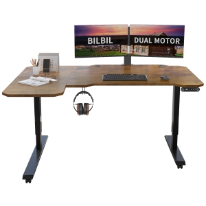 Bilbil L-Shaped Electric Height Adjustable Standing Desk with Memory Settings - 59″ x 39.4″ - Black Frame/Rustic Brown Top