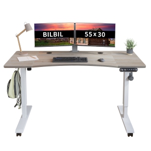 Bilbil Electric Height Adjustable Standing Desk with Memory Settings - with Curved desktop - 55″ x 24″ - White Frame/Oak Top