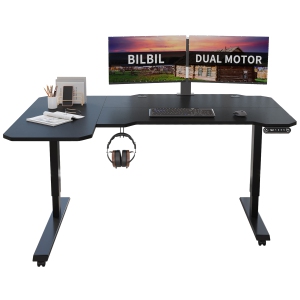 Bilbil L-Shaped Electric Height Adjustable Standing Desk with Memory Settings - 59″ x 39.4″ - Black Frame/Black Top