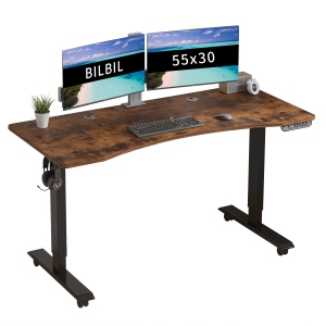 Bilbil Electric Height Adjustable Standing Desk with Memory Settings - with Curved desktop - 55″ x 24″ - Black Frame/Rustic Brown Top