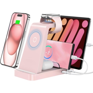 GAUOLN 5-in-1 Wireless Charger for iPhone – Charging Station for iPhone 16, 15, 14, 13, 12 Pro Max, Apple Watch, AirPods – Fast Charging Stand Dock (Pink)