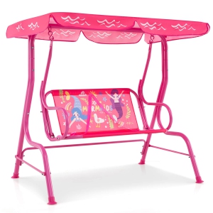 Costway 2-Seater Toddler Porch Swing Chair with Metal Stand Adjustable Canopy Safety Belts Blue/Pink/Yellow