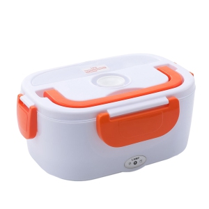Orange car portable 12V lunch box with rice - stainless steel liner Self-heating food warmer with leak-proof lid that heats and preserves rice