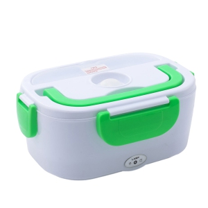 Green portable heated lunch box - stainless steel liner Self-heating food warmer with leak-proof lid, which can heat and preserve rice, suitable for office and travel