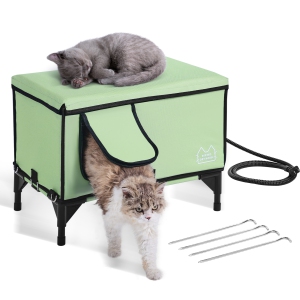 VEVOR 900D Elevated Heated Cat House, Cuboid Kitty Shelter with Adjustable Temperature and Timer, Oxford Cloth, with Heated Pad for Winter to Stay Warm and Cozy, Green (Middle)